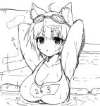  1girl animal_ears arms_up breasts goggles goggles_on_head mofuaki monochrome original sketch solo 