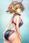  adjusting_clothes adjusting_swimsuit ass back brown_hair collar green_eyes headgear highres kantai_collection looking_back mutsu_(kantai_collection) short_hair solo swimsuit taishi_(picchiridou) 