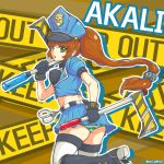  1girl akali brown_hair cuffs green_eyes handcuffs hat kama_(weapon) league_of_legends long_hair looking_at_viewer microskirt midriff open_mouth panties pantyshot police police_hat police_uniform ponytail sickle skirt solo star striped striped_panties thigh-highs trombe underwear uniform 