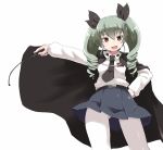  1girl anchovy cape drill_hair girls_und_panzer green_hair hair_ribbon hand_on_hip long_hair looking_at_viewer open_mouth pantyhose red_eyes ribbon riding_crop school_uniform skirt solo twin_drills white_background white_legwear wk_(low-f) 