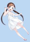  1girl blue_eyes brown_hair bunny_hair_ornament dress hair_ornament kyon_(fuuran) long_hair looking_at_viewer mary_janes no_socks open_mouth original shoes smile solo sundress twintails 