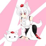  1girl all_fours animal_ears bare_shoulders breasts detached_sleeves hat inubashiri_momiji light_smile looking_at_another mofuji pom_pom_(clothes) red_eyes short_hair silver_hair solo tail tokin_hat touhou wolf_ears wolf_tail 
