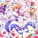  1girl alice_(wonderland) alice_in_wonderland alice_margatroid alternate_costume animal_ears blonde_hair blue_eyes breasts card cat_ears cat_tail cheshire_cat cheshire_cat_(cosplay) cleavage cookie cup flower food frilled_skirt frills hairband hayabusa_koi kemonomimi_mode key lolita_fashion lolita_hairband long_hair monocle mushroom open_mouth parody playing_card pocket_watch potion rabbit_ears rose shanghai_doll short_hair sitting skirt striped striped_legwear tail teacup teapot thigh-highs touhou watch white_rabbit white_rabbit_(cosplay) wind zettai_ryouiki 