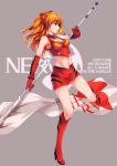  1girl adapted_costume blue_eyes boots elbow_gloves ello gloves grey_background highres long_hair midriff miniskirt navel neon_genesis_evangelion nerv orange_hair plugsuit profile red_gloves skirt solo souryuu_asuka_langley staff 