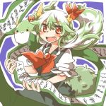  1girl :3 blue_background blush ex-keine fang green_hair horns kamishirasawa_keine long_hair lowres open_mouth rebecca_(keinelove) red_eyes ribbon scroll smile solid_circle_eyes sukusuku_hakutaku tail touhou white_border 