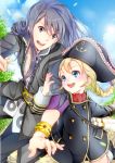  1boy 1girl :d :o arm_grab belt black_eyes black_hair blonde_hair blue_eyes bracelet braid frills hat height_difference jacket jewelry kadaka_(9m) long_hair open_mouth pants patty_fleur pirate_hat smile tales_of_(series) tales_of_vesperia yuri_lowell 