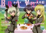  3girls absurdres anchovy arm_support belt black_hair blonde_hair blush brown_eyes carpaccio clouds copyright_name dress_shirt drill_hair eating food food_on_face forest girls_und_panzer glass grass green_eyes green_hair hair_ribbon highres holding jacket knife leaning long_hair military military_uniform miniskirt multiple_girls nature necktie official_art open_mouth outdoors pants pepperoni_(girls_und_panzer) pizza red_eyes ribbon shirt short_hair skirt sky smile sugimoto_isao table twin_drills twintails uniform 