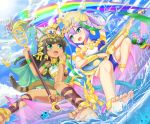  2girls :d animal_ears aqua_eyes banjo bare_legs bastet_(p&amp;d) black_hair cat_ears cat_tail character_request crown dark_skin fang green_eyes hair_ornament hair_tubes headgear holding instrument jewelry lakshmi_(p&amp;d) long_hair looking_at_another multicolored_hair multiple_girls navel necklace open_mouth ponytail purple_hair puzzle_&amp;_dragons rainbow seraphwia sitting smile staff tagme tail two-tone_hair 