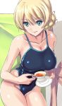  1girl armpits blonde_hair breasts cleavage collarbone competition_swimsuit cup darjeeling double_bun girls_und_panzer green_eyes large_breasts nenchi one-piece_swimsuit sitting solo swimsuit tea teacup 