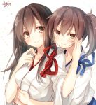  2girls akagi_(kantai_collection) brown_eyes brown_hair hand_on_another&#039;s_cheek hand_on_another&#039;s_face hug hug_from_behind japanese_clothes kaga_(kantai_collection) kantai_collection long_hair looking_at_viewer multiple_girls side_ponytail signature sketch smile tagme toosaka_asagi 