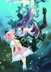  2girls akemi_homura black_hair bow bubble_skirt choker closed_eyes gears gloves hair_bow hair_ribbon hand_on_another&#039;s_cheek hand_on_another&#039;s_face high_heels kaname_madoka kneehighs long_hair looking_at_another magical_girl mahou_shoujo_madoka_magica multiple_girls pantyhose pink_hair ribbon short_hair short_twintails twintails unconscious underwater violet_eyes white_gloves white_legwear yuri 