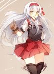  1girl beige_background brown_gloves gloves hairband kantai_collection kinona long_hair muneate ribbon shoukaku_(kantai_collection) silver_hair single_glove skirt smile solo standing thigh-highs twitter_username yellow_eyes zettai_ryouiki 