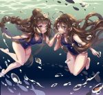  2girls ahoge animal ayakashi_onmyouroku blue_swimsuit braid breasts brown_hair bubble cleavage collarbone evollis fish gemini gemini_(ayakashi) hair_bun hair_ornament holding_hands knees_together_feet_apart knees_touching long_hair looking_at_another looking_at_viewer multiple_girls one-piece_swimsuit siblings single_braid sisters smile submerged swimming swimsuit twins underwater violet_eyes water zodiac 