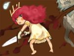 1girl barefoot blood blush_stickers brown_eyes child child_of_light_(game) crown dress e10 freckles gloves igniculus long_hair looking_back monster open_mouth pink_hair princess_aurora sword weapon wisp 