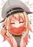  1girl bismarck_(kantai_collection) blush closed_eyes commentary_request eating food fruit hat highres kantai_collection long_hair okuva peaked_cap solo watermelon white_background 
