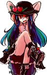 1girl arms_behind_head black_skirt blue_hair boots crossed_legs evil_smile fang food fruit hat highres hinanawi_tenshi large_hat long_hair looking_at_viewer naughty_face ne_kuro open_mouth peach red_eyes sitting skirt skirt_set smile thighs touhou white_blouse