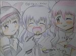  3girls akemi_homura akuma_homura bare_shoulders black_gloves black_hair blush bow choker closed_eyes colored_pencil_(medium) dress elbow_gloves facing_viewer feeding ginga gloves goddess_madoka hair_bow kaname_madoka long_hair looking_at_another mahou_shoujo_madoka_magica mahou_shoujo_madoka_magica_movie millipen_(medium) momoe_nagisa multiple_girls one_eye_closed photo signature smile spoilers traditional_media two_side_up violet_eyes white_dress white_hair yellow_eyes 