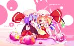  2girls :d ascot bat_wings blonde_hair cake fangs flandre_scarlet food food_in_mouth hat hat_ribbon highres komaruri looking_at_viewer looking_back mob_cap multiple_girls one_eye_closed open_mouth purple_hair red_eyes remilia_scarlet ribbon short_hair side_ponytail sitting smile touhou wings 