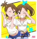  2girls brown_hair denim denim_shorts futami_ami futami_mami grin haseneko heart heart_necklace highres idolmaster looking_at_viewer midriff multiple_girls navel one_eye_closed salute shorts siblings side_ponytail sisters smile star star_necklace twins violet_eyes 