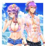  1boy 1girl :p bikini bow bracelet breasts brother_and_sister cleavage crescent cutoffs glasses hair_bow hat highres jewelry large_breasts long_hair muscle navel necklace patchouli_knowledge purple purple_hair red_eyes shirt short_shorts shorts siblings smile swimsuit tongue tongue_out touhou v wet wet_clothes wet_shirt 