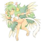  1girl animal_ears blush breasts green_hair halo long_hair mofuaki original simple_background solo tail very_long_hair white_background wings 