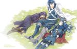  1boy 2girls blue_hair boots cape closed_eyes fingerless_gloves fire_emblem fire_emblem:_kakusei flower flower_on_head gloves hooded krom long_hair lowah lucina multiple_girls my_unit nintendo robe short_hair sleeping smile tiara white_hair 