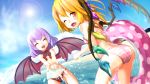  2girls bat_wings blonde_hair closed_eyes flandre_scarlet innertube looking_at_viewer multiple_girls no_hat one_eye_closed open_mouth polka_dot purple_hair red_eyes remilia_scarlet swimsuit touhou water wings yumeneko_(likequana) 