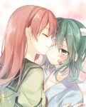  2girls alternate_costume bandage_over_one_eye bandaid blush brown_hair green_eyes green_hair hug kantai_collection kiso_(kantai_collection) kiss long_hair multiple_girls ooi_(kantai_collection) short_hair signature sketch tagme toosaka_asagi yuri 