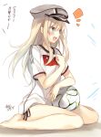  1girl 2014_fifa_world_cup alternate_costume artist_name ball bare_legs barefoot bismarck_(kantai_collection) blonde_hair blue_eyes blush brazuca germany hat kantai_collection long_hair open_mouth panties side-tie_panties sitting soccer soccer_ball soccer_uniform solo sportswear tears toosaka_asagi translated underwear world_cup 