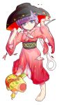  1girl alphes_(style) barefoot beaten bowl_hat broken broken_weapon dairi hat japanese_clothes kimono lavender_eyes lavender_hair mallet miracle_mallet needle obi oversized_object parody sash short_hair style_parody sukuna_shinmyoumaru sweatdrop tears torn_clothes torn_hat touhou transparent_background weapon wide_sleeves 