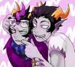  2boys black_hair cape cigarette cronus_ampora eridan_ampora fangs glasses glasses_removed grey_skin homestuck jewelry lowres mihirahira multiple_boys nail_polish open_mouth poking ring scarf short_hair smile striped striped_scarf white_eyes 