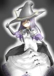  1girl akemi_homura black_gloves black_hair dress gloves hair_over_one_eye hat hat_tip homulilly long_hair magical_girl mahou_shoujo_madoka_magica mahou_shoujo_madoka_magica_movie simple_background solo spoilers violet_eyes witch_(madoka_magica) witch_hat 