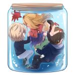  2boys 2girls aki_(neyuki41028) carrying from_behind hiradaira_chisaki hisanuma_sayu holding_hands in_container isaki_kaname jar kihara_tsumugu long_hair lowres multiple_boys multiple_girls nagi_no_asukara octopus princess_carry short_hair thigh-highs underwater 