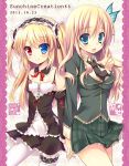  2girls :d aqua_eyes blonde_hair boku_wa_tomodachi_ga_sukunai hairband hasegawa_kobato heterochromia holding_hands kashiwazaki_sena lolita_hairband long_hair looking_at_viewer multiple_girls nanaroba_hana open_mouth pointing pointing_at_viewer school_uniform smile two_side_up 