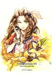  1girl absurdres aerith_gainsborough bangs bracelet braid brown_hair character_name copyright_name eldard final_fantasy final_fantasy_vii flower green_eyes highres index_finger_raised jewelry lily_(flower) long_hair one_eye_closed parted_bangs smile solo traditional_media watercolor_(medium) 