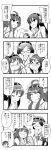  &gt;_&lt; 4girls 4koma ^_^ ahoge bare_shoulders cheek_pinching closed_eyes comic detached_sleeves double_bun glasses hair_ornament hairband haruna_(kantai_collection) hiei_(kantai_collection) highres japanese_clothes kantai_collection kirishima_(kantai_collection) kongou_(kantai_collection) long_hair monochrome multiple_girls nontraditional_miko pinching seraphwia short_hair smile surprised sweat tears translation_request 