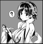  1girl ? big_wednesday detached_sleeves glasses glasses_removed hair_ornament hairband holding kantai_collection kirishima_(kantai_collection) monochrome no_glasses nontraditional_miko short_hair spoken_question_mark 