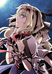  2girls alice_margatroid back-to-back blonde_hair blue_eyes book bow capelet hair_bow hair_over_one_eye hat kirisame_marisa long_hair looking_at_viewer mitsunara multiple_girls night profile serious short_hair smile touhou witch witch_hat wrist_cuffs yellow_eyes 