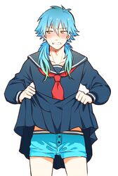  1boy blue_hair blush boxers crossdressinging dramatical_murder embarrassed long_hair male school_uniform serafuku seragaki_aoba skirt skirt_lift sora08 underwear white_background yellow_eyes 