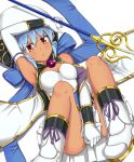  1girl arm_up bare_shoulders blue_hair blush boots breasts cleavage dark_skin elbow_gloves gloves hat looking_at_viewer lying noin_(shinrabanshou) on_back red_eyes seraphwia shinrabanshou short_hair skirt skirt_tug solo wand 