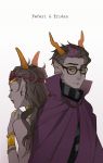  1boy 1girl back-to-back black-framed_glasses black_hair cape cat811021 character_name choker eridan_ampora feferi_peixes goggles gradient gradient_background grey_skin homestuck horns jewelry lipstick long_hair makeup necklace scarf short_hair striped striped_scarf yellow_sclera 