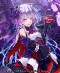  1girl 2012 bare_shoulders corset detached_sleeves dress flower frills gloves gothic_lolita hair_flower hair_ornament heart_shape highres kentairui lace lolita_fashion long_hair lord_of_knights original purple purple_hair purple_rose red_eyes rose smile solo valentine 