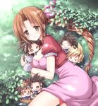  &gt;_&lt; 1girl 5boys aerith_gainsborough basket black_hair blonde_hair blush bracelet breasts brown_hair chestnut_mouth chibi cleavage closed_eyes cloud_strife cropped_jacket dress final_fantasy final_fantasy_vii green_eyes jewelry leaf long_hair lying miyata_(miyatami07) multiple_boys multiple_persona on_side pink_dress ponytail smile spiky_hair zack_fair 