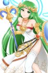  1girl bare_shoulders breasts cerasus choker cleavage green_eyes green_hair highres kid_icarus long_hair looking_at_viewer palutena shield smile solo staff thigh-highs very_long_hair white_legwear 