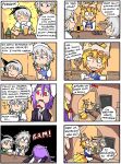  4koma alcohol angry animal_ears beer beer_mug blonde_hair blue_eyes bottle braid bulging_eyes comic cup death drinking evil_smile finnish formal fox_tail frown gap grey_hair grin hair_ornament hair_ribbon hairband hat head_rest holding izayoi_sakuya konpaku_youmu lavender_hair left-to-right_manga long_hair multiple_4koma necktie open_mouth pink_eyes purple_hair rabbit_ears red_eyes reisen_udongein_inaba ribbon scared setz short_hair silver_hair sitting smile suit sweat table tail touhou translated trembling twin_braids wavy_mouth wine wine_bottle wine_glass yakumo_ran yakumo_yukari yellow_eyes 