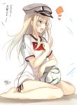  1girl 2014_fifa_world_cup ball barefoot bismarck_(kantai_collection) blonde_hair blue_eyes blush brazuca hat highres kantai_collection long_hair open_mouth panties personification side-tie_panties sitting soccer soccer_uniform solo sportswear tears toosaka_asagi translation_request underwear world_cup 