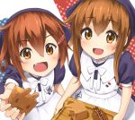  2girls brown_eyes brown_hair errant folded_ponytail ikazuchi_(kantai_collection) inazuma_(kantai_collection) kantai_collection long_hair multiple_girls open_mouth short_hair 