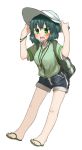  1girl alternate_costume amonitto backpack bag blue_hair blush bracelet flip-flops green_eyes hair_bobbles hair_ornament hand_on_headwear hat jewelry kawashiro_nitori key necklace open_mouth sandals shirt shorts simple_background solo touhou two_side_up white_background 