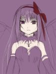  1girl akemi_homura akuma_homura bare_shoulders bow choker dress elbow_gloves feathered_wings gloves hair_bow long_hair looking_at_viewer mahou_shoujo_madoka_magica mahou_shoujo_madoka_magica_movie monochrome purple_background solo violet_eyes wings 