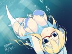  1girl bikini blonde_hair blue_background blue_eyes breasts copyright_name dated glasses i-8_(kantai_collection) kantai_collection large_breasts looking_at_viewer red-framed_glasses solo swimsuit twitter_username underwater wara_(warapro) 